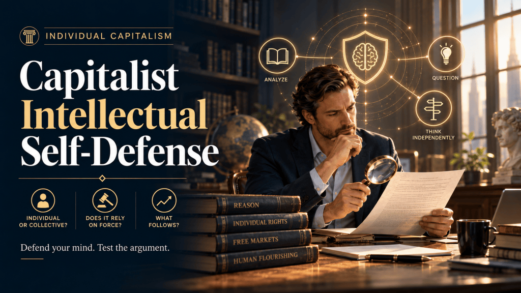 A thoughtful individual analyzing arguments with books, reason, rights, and intellectual independence.