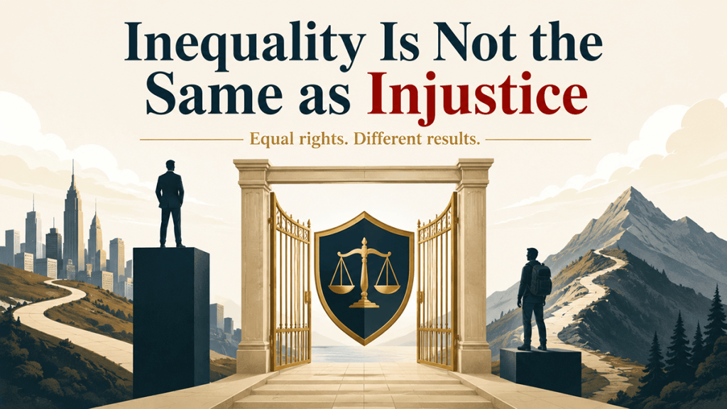 A graphic contrasting unequal outcomes with equal rights and justice.