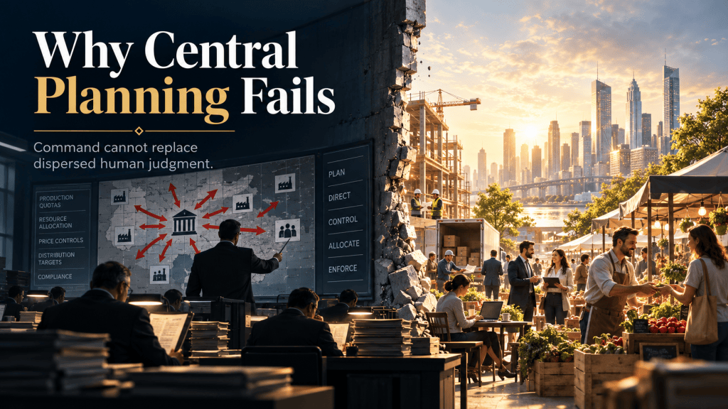 A contrast between centralized command and decentralized market activity.